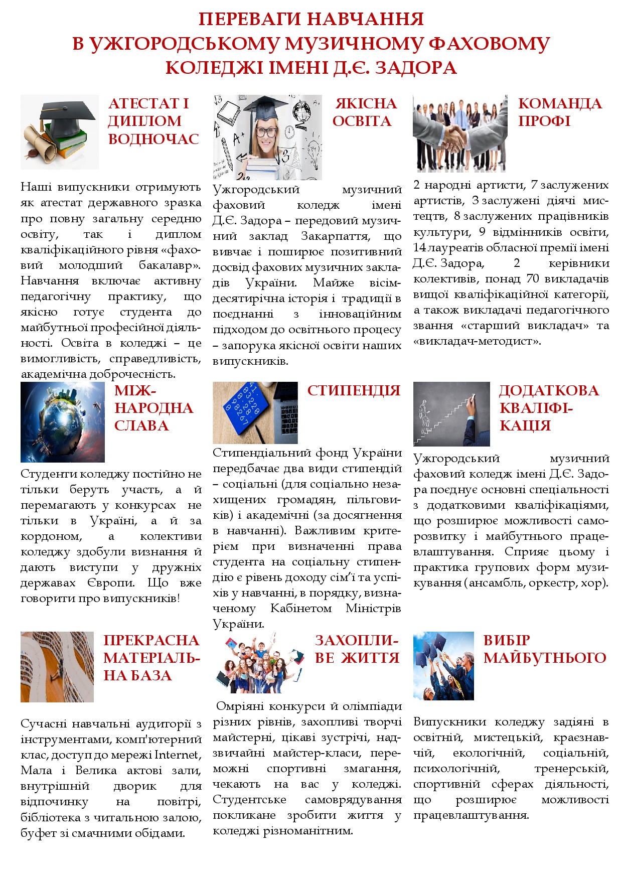 Переваги навчання в Ужгородському музичному фаховому коледжі імені Д.Є. Задора